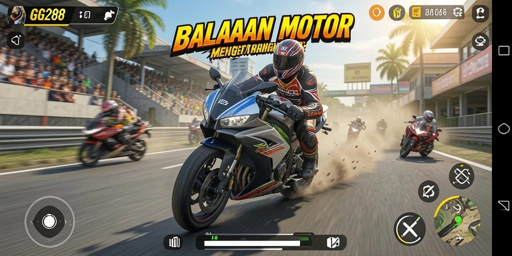 Gameplay mendebarkan dengan sepeda motor balap yang cepat.
