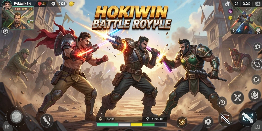 Tangkapan layar HOKIWIN menampilkan aksi dinamis para pemain di medan pertempuran Battle Royale.