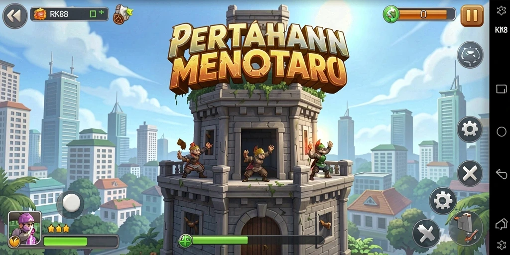 Screenshot utama menunjukkan pertarungan seru dalam Tower Defense.