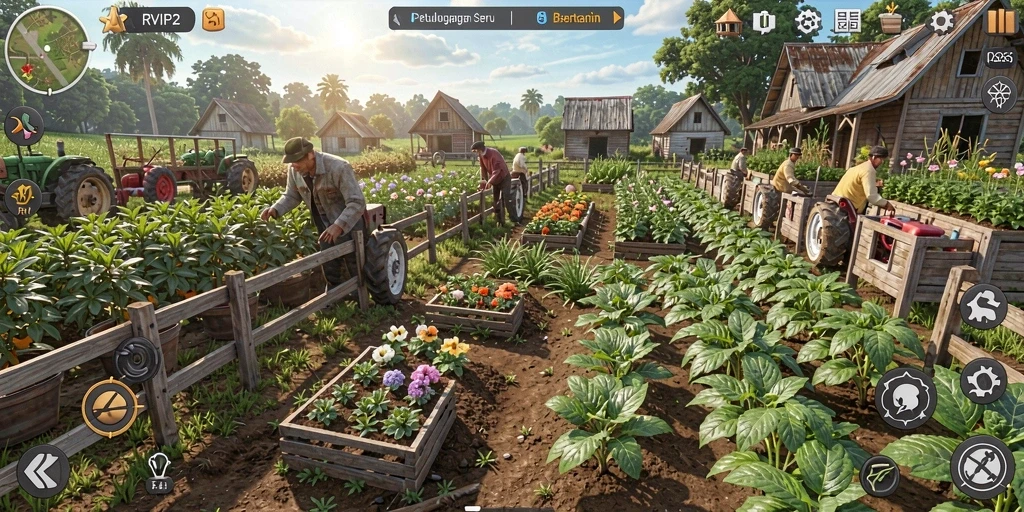 Tampilan gameplay yang menarik dalam RVIP2 dengan ladang subur.