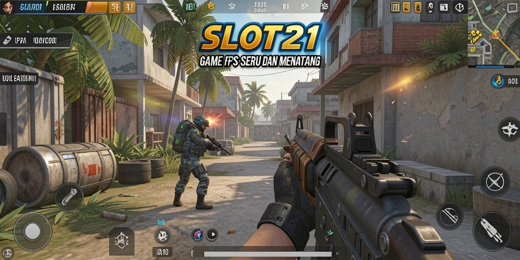 Screenshot utama SLOT21 menampilkan aksi gameplay FPS yang mendebarkan.