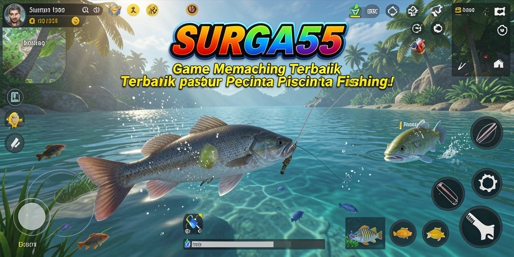 Gameplay SURGA55 yang menampilkan aksi memancing yang seru dan mendebarkan.