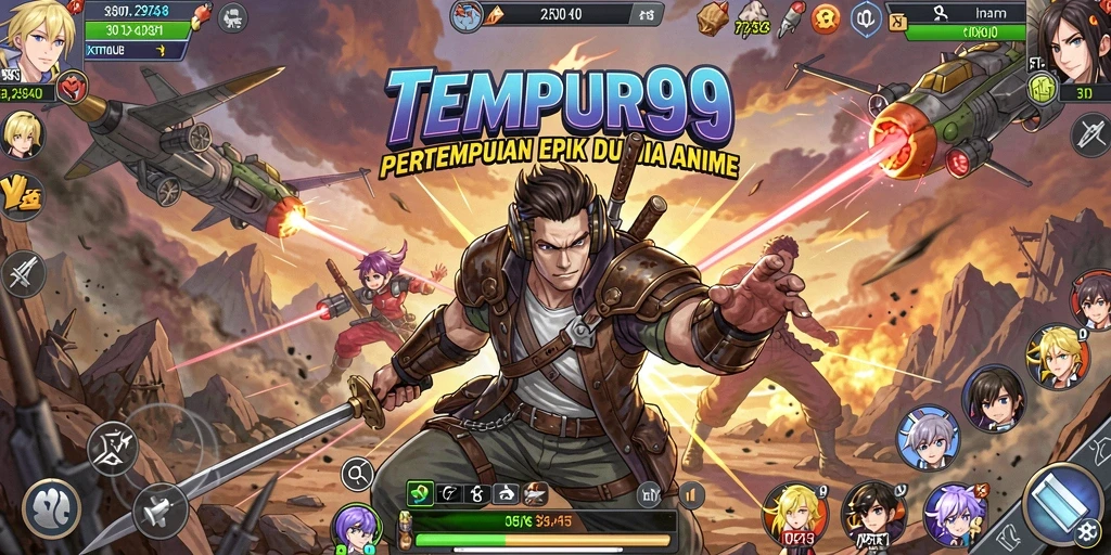 Tangkapan layar utama TEMPUR99 menampilkan aksi epik karakter Anime.