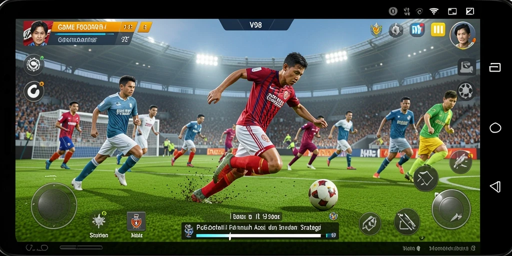 Screenshot menampilkan aksi seru dalam permainan sepak bola V98.